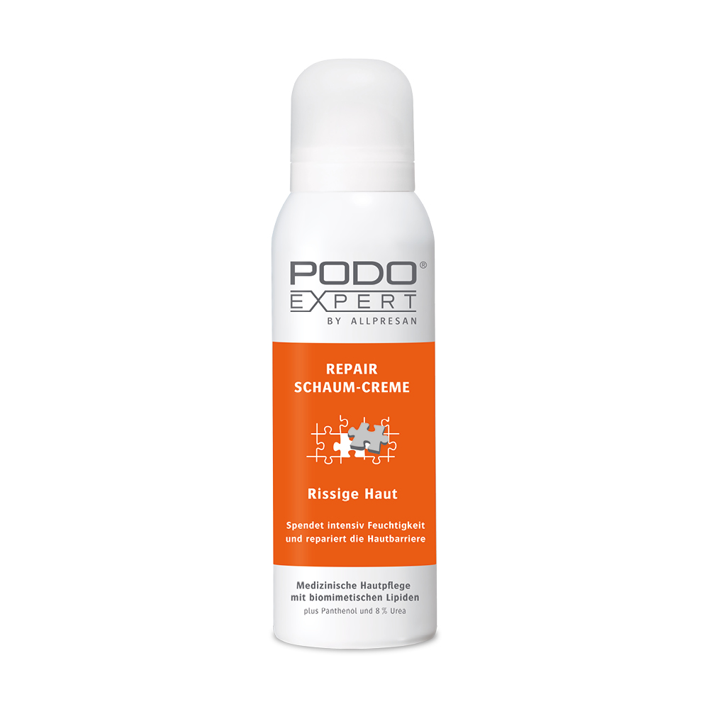 Podoexpert Repair Schaum-Creme für rissige Haut an den Füßen und Fersen, in der 125 ml Dose.