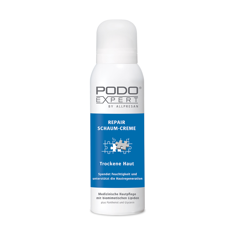 Podoexpert Repair Schaum-Creme für trockene Haut in der 125 ml Dose.